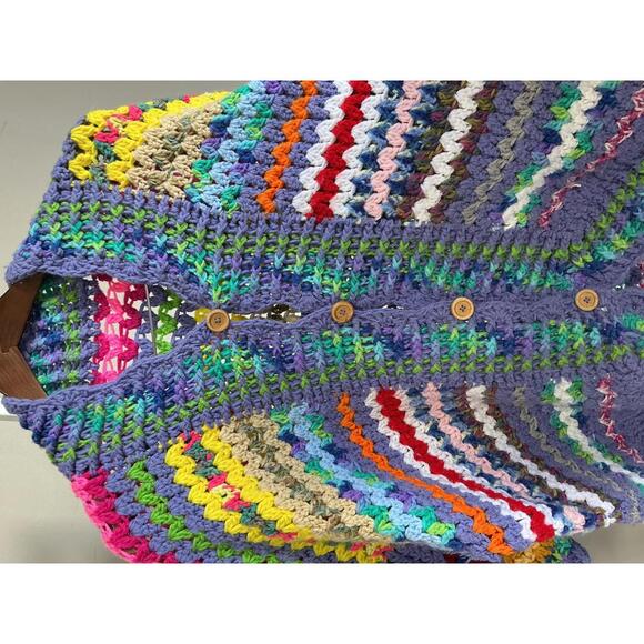 Vintage Multicolor, Cottage core Handmade Crochet Knit  chunky Cardigan Bohemian - Picture 2 of 9